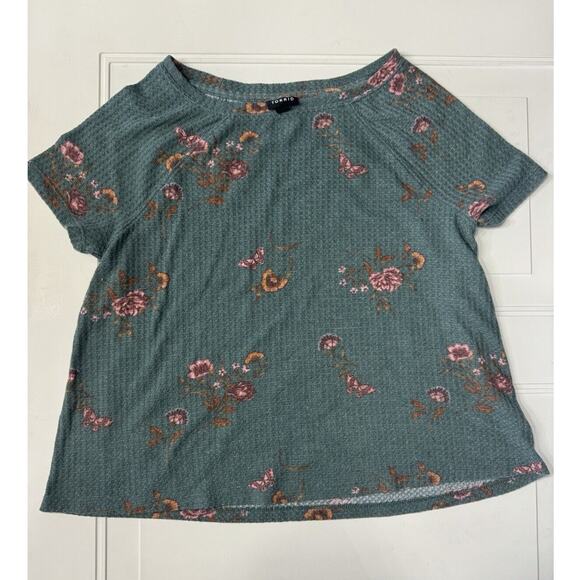 Torrid Green Floral Classic Fit Waffle Knit Crew Neck Raglan T-Shirt Womens 00 - Picture 1 of 6